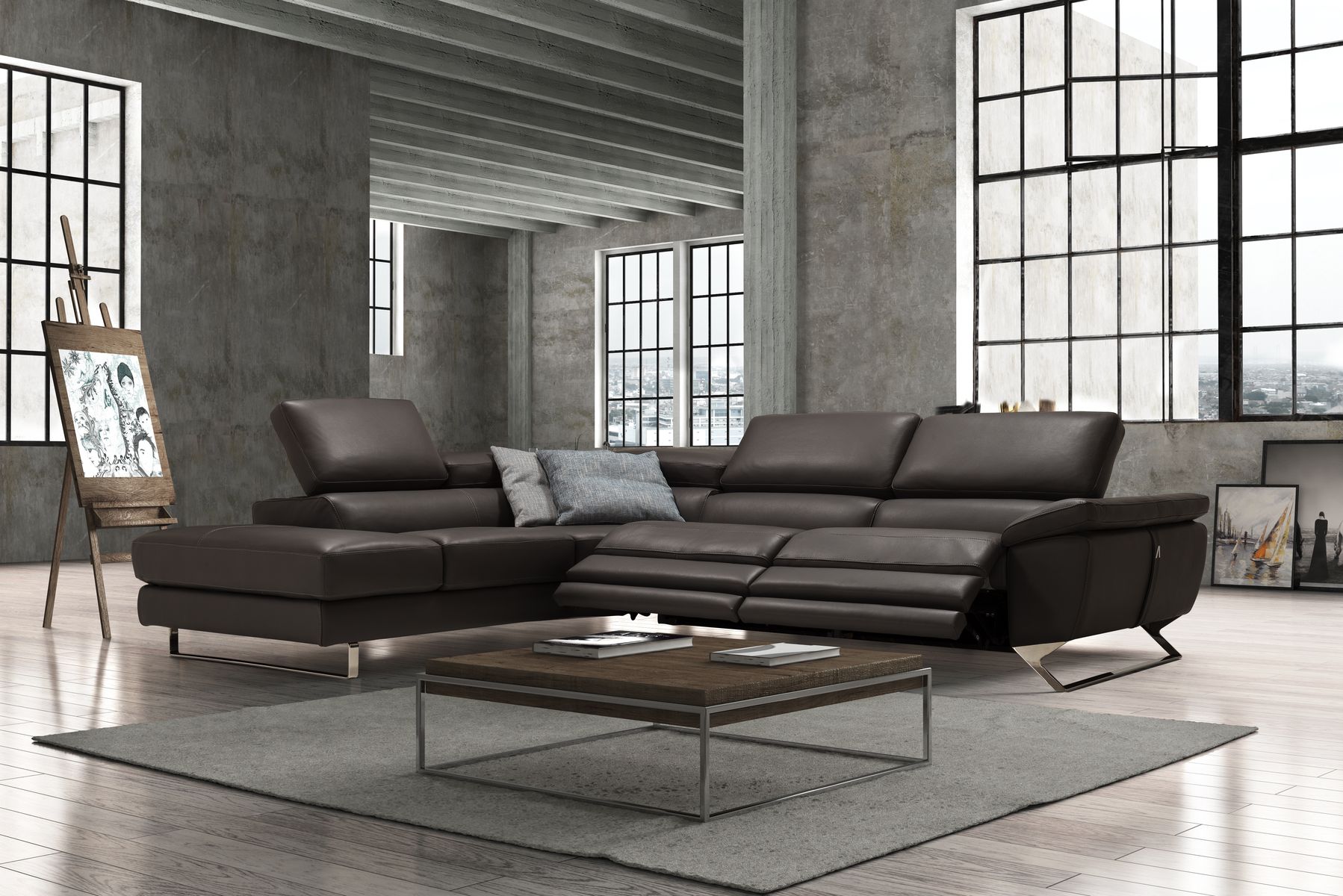 Tiffany modular sectional sofa featuring chaise lounge and power recliners, crafted in black Italian leather
