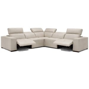 Camilla Italian modular leather sectional sofa with electric recliners and electric headrests, featuring a modern L-shaped design in light beige leather