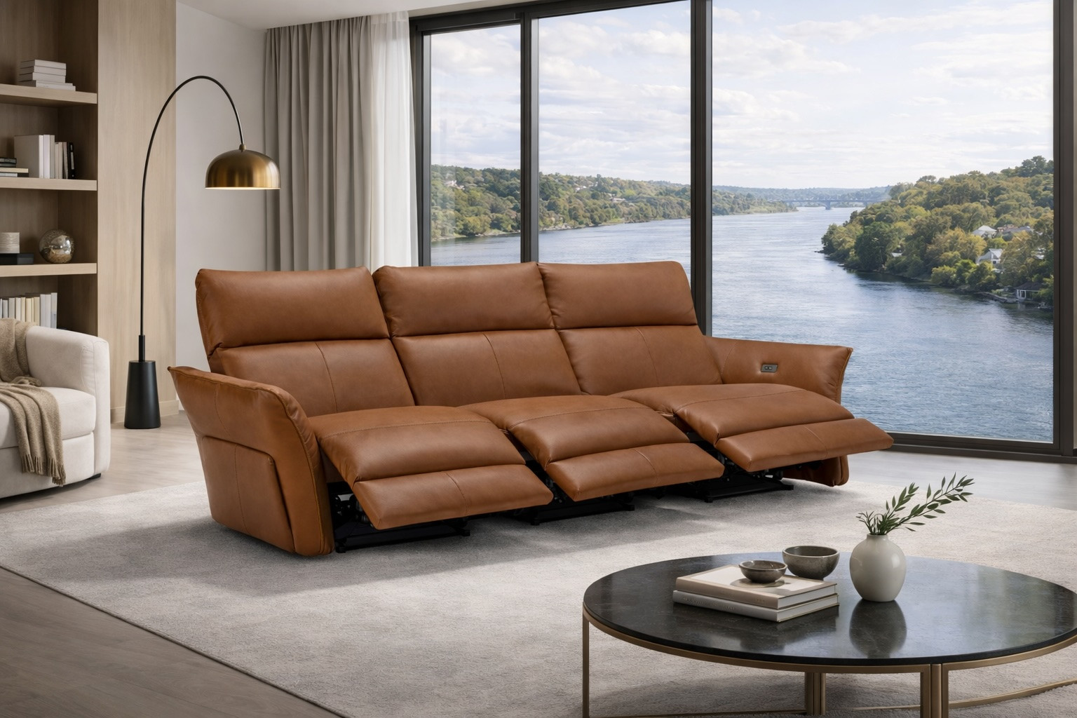 Canto modular Italian sofa in brown leather with electric recliners and power headrests, handcrafted in Italy, shown in a modern living room setting