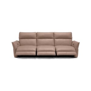 Canto modular Italian leather sofa with light brown leather and three electric recliners and power headrests, handcrafted in Italy, isolated on pure white background