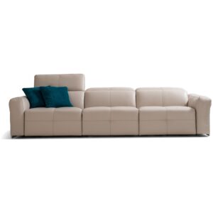 Madison modular leather sofa with square forms and low-profile seating in a light neutral tone, available with power recliners and headrests, shown on a pure white