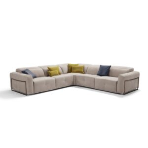 Madison sectional sofa with modular configuration, power recliners and headrests in light neutral upholstery, Made in Italy, shown on a pure white background with accent pillows